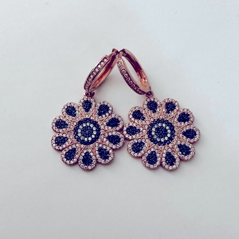 🌸925 Silver earrings sapphire flower zirconia cz stones 14k rose gold plated